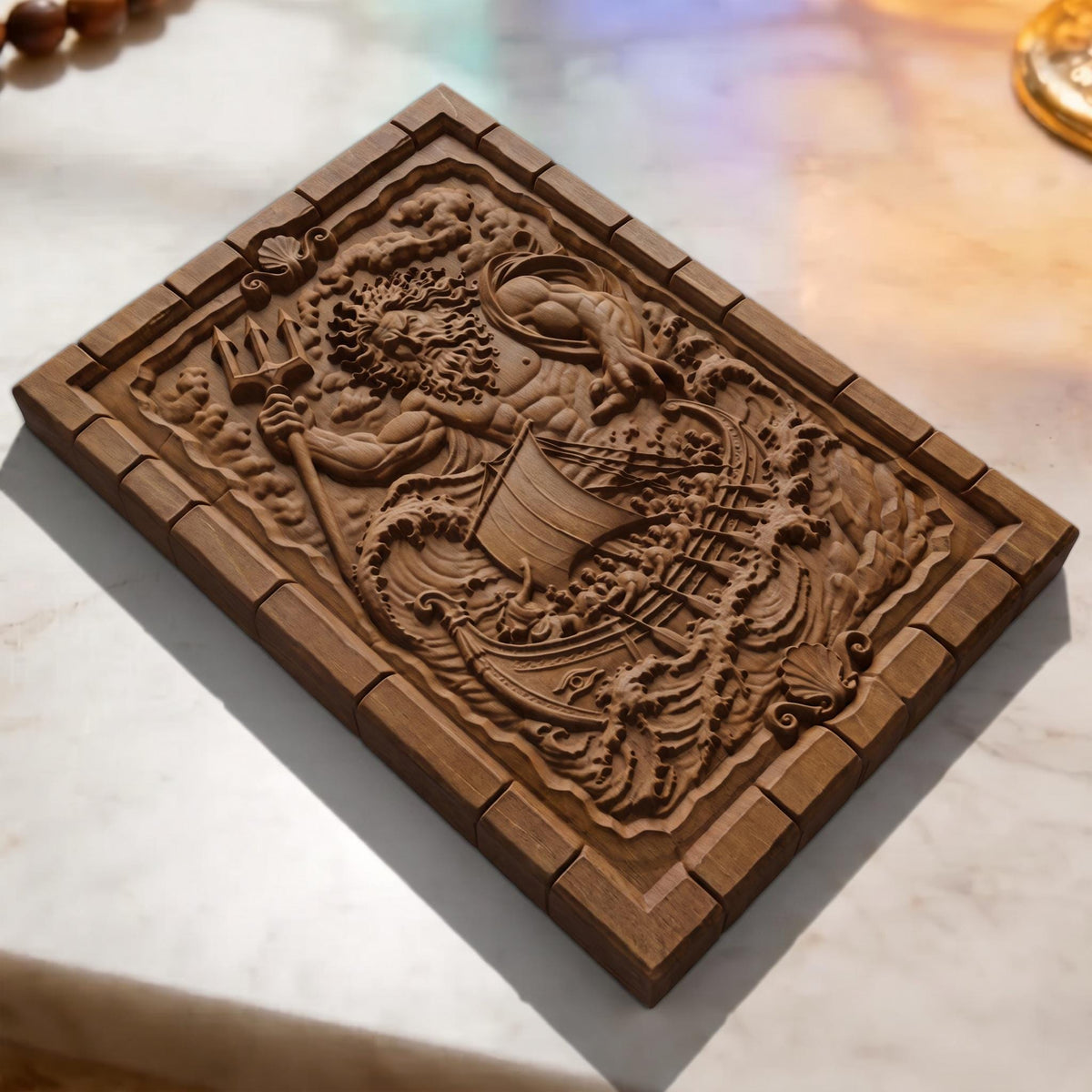 Poseidon Punishes Odysseus from Ancient Greek Mythology 3D Wooden Bas Relief Panel Art Sculptural Gift Idea Cretan Holy Carvings