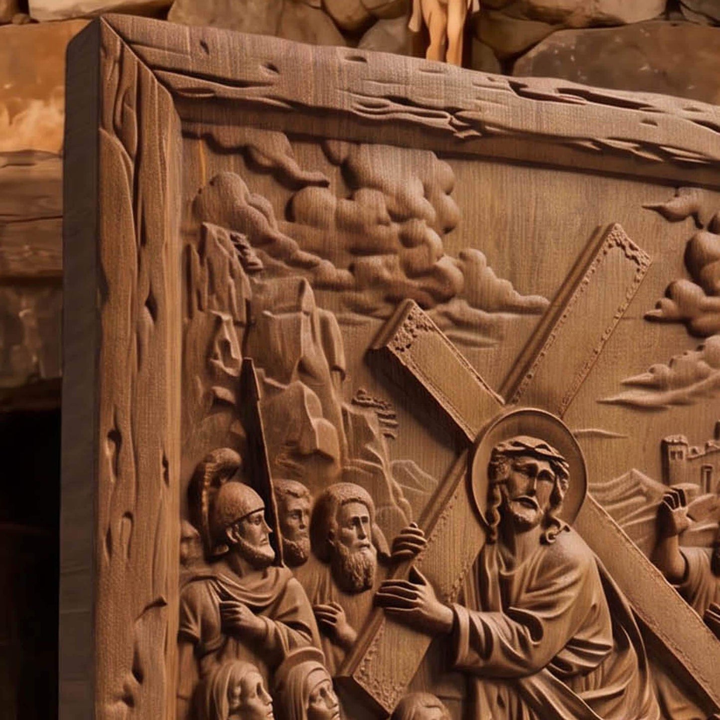 The Way to Mount Golgotha Wooden Carved Handmade Christian Icon  Byzantine Greek Orthodox Home Decor Cretan Holy Carvings