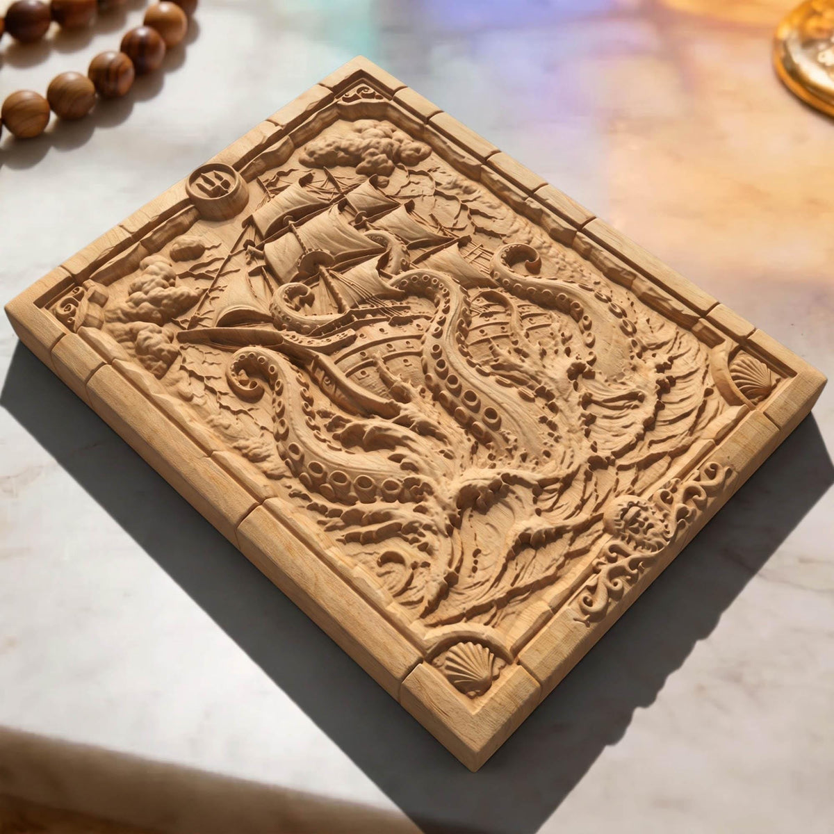 Kraken Drawing a Ship from Ancient Greek Mythology 3D Wooden Bas Relief Panel Art Sculptural Gift Idea Cretan Holy Carvings