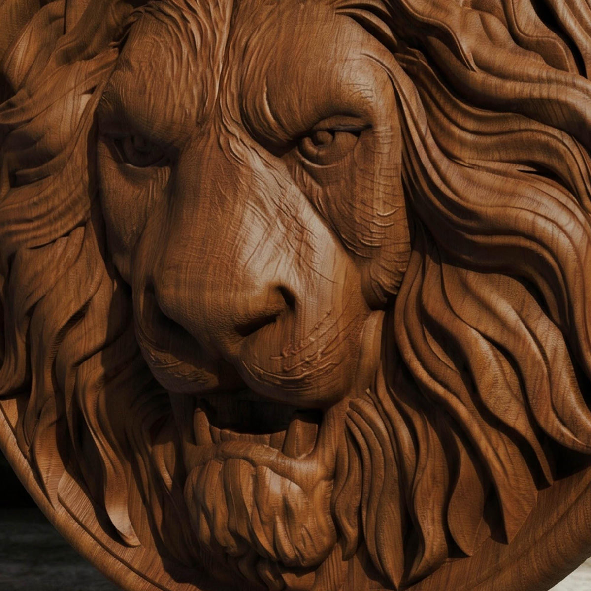 Lion Head in Plate Framed Bas Relief | Wooden Lion Carving | Sculptural Gift Idea