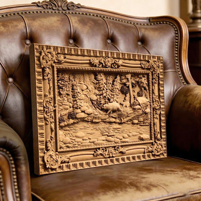 Bear in the Forest Framed Bas Relief | Wooden Bear Carving | Sculptural Gift Idea