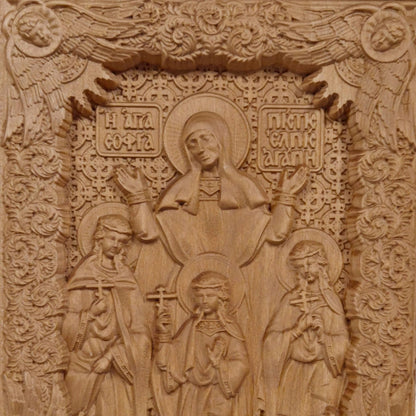 Αγίες Σοφία, Πίστη, Ελπίδα και Αγάπη Ξυλόγλυπτη Εικόνα.