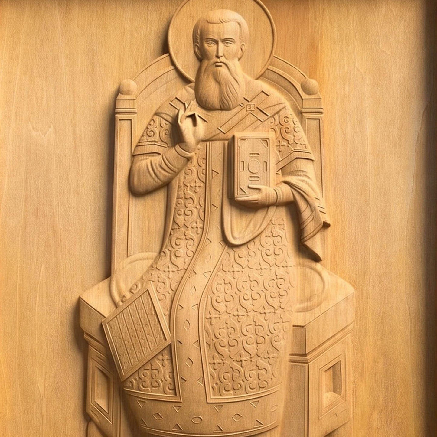 Saint Gregory Palamas Wooden Carved Handmade Christian Icon Patron Saint of Hesychasm Front Side Natural Wood Color Cretan Holy Carvings