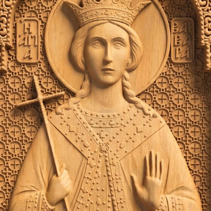 Saint Barbara Wooden Carved Handmade Christian Icon Patron Saint of Artillerymen Cretan Holy Carvings