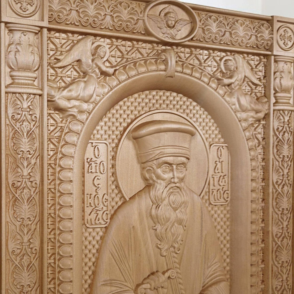Saint Kosmas the Aetolian Wooden Carved Handmade Christian Icon. Byzantine Greek Orthodox Home Art Decor.