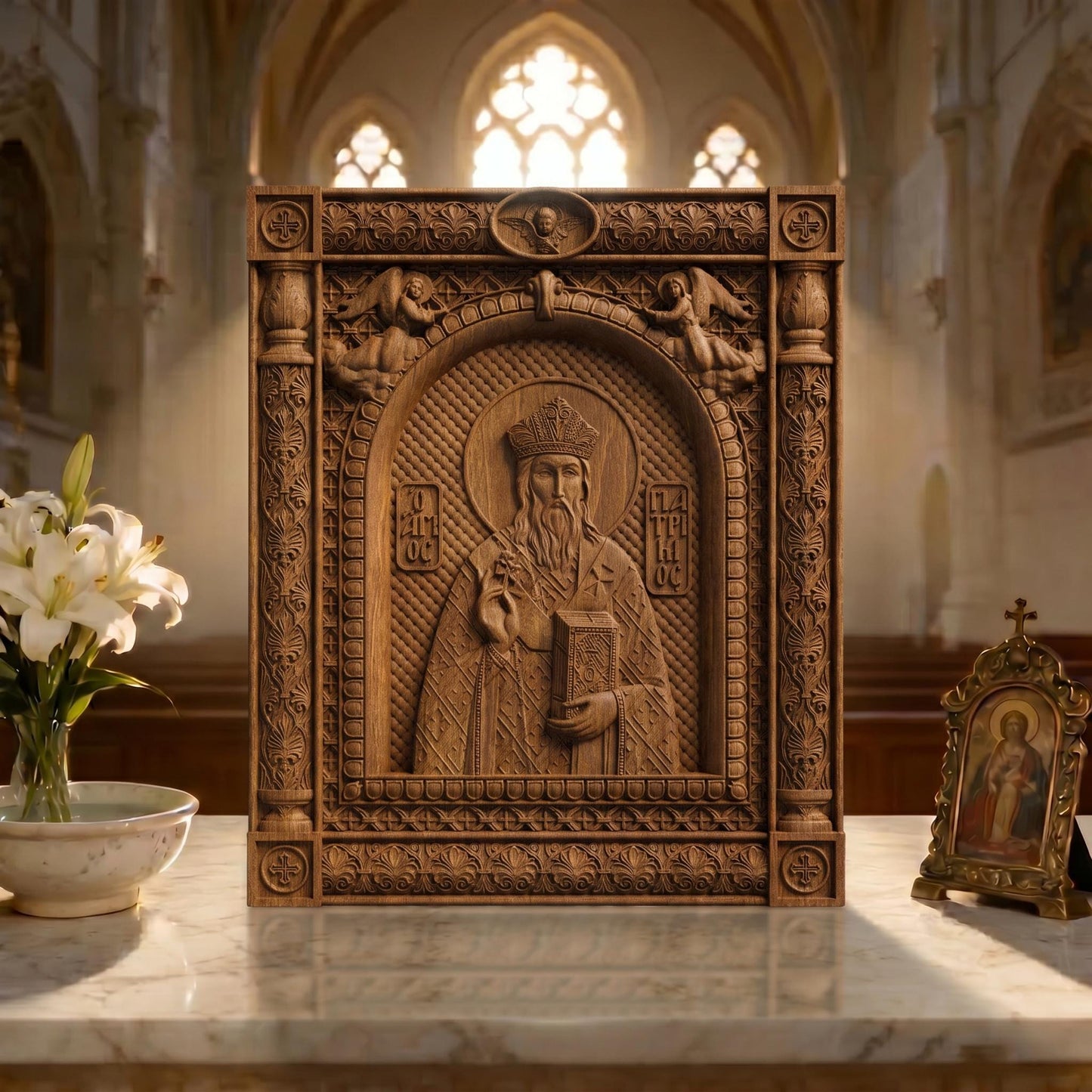 Saint Patrick Patron Saint of Ireland Wooden Carved Handmade Christian Icon | Byzantine Greek Orthodox Home Art Decor