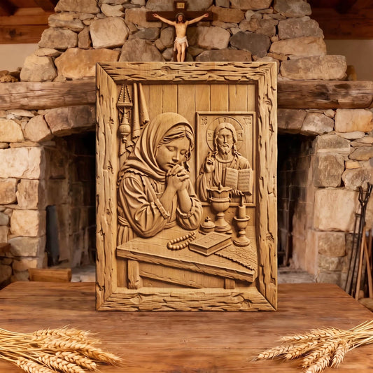 Young Girl Praying Wooden Carved Handmade Christian Icon  Byzantine Greek Orthodox Home Decor Cretan Holy Carvings