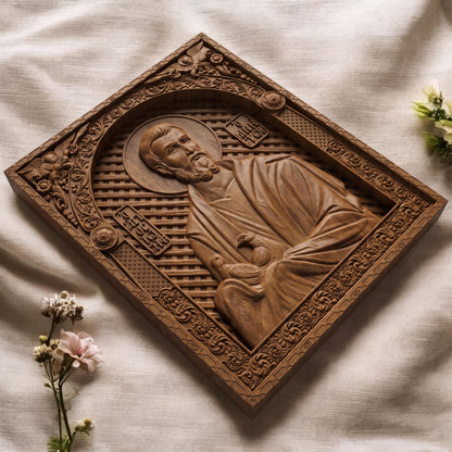 Saint Joseph the Betrothed Wooden Carved Handmade Christian Icon | Byzantine Greek Orthodox Home Art Decor
