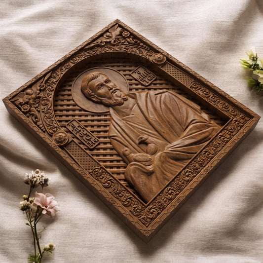 Saint Joseph the Betrothed Wooden Carved Handmade Christian Icon | Byzantine Greek Orthodox Home Art Decor