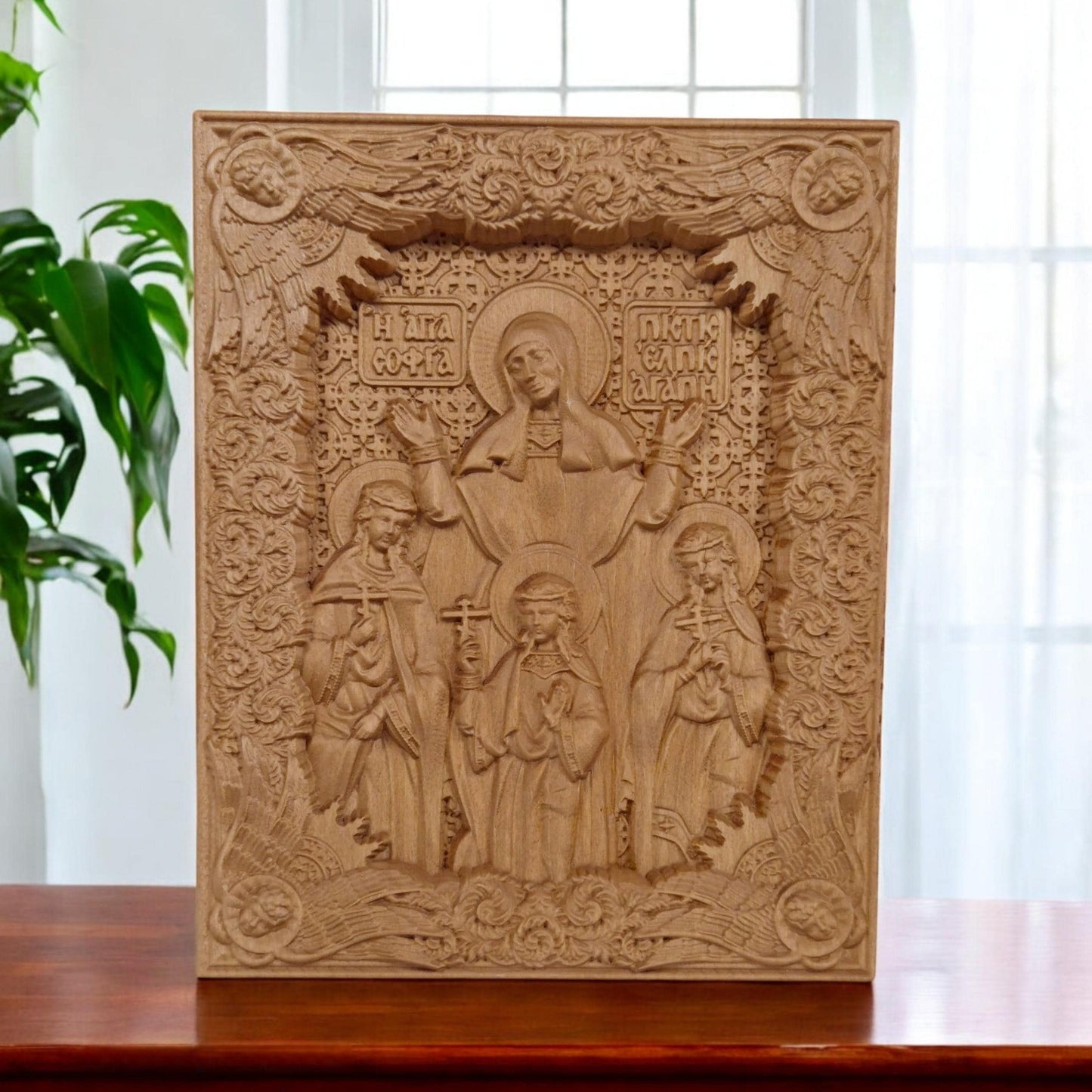 Saints Sophia Faith Hope Love Wooden Carved Handmade Christian Icon. Byzantine Greek Orthodox Decor.