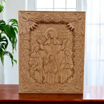 Saints Sophia Faith Hope Love Wooden Carved Handmade Christian Icon. Byzantine Greek Orthodox Decor.