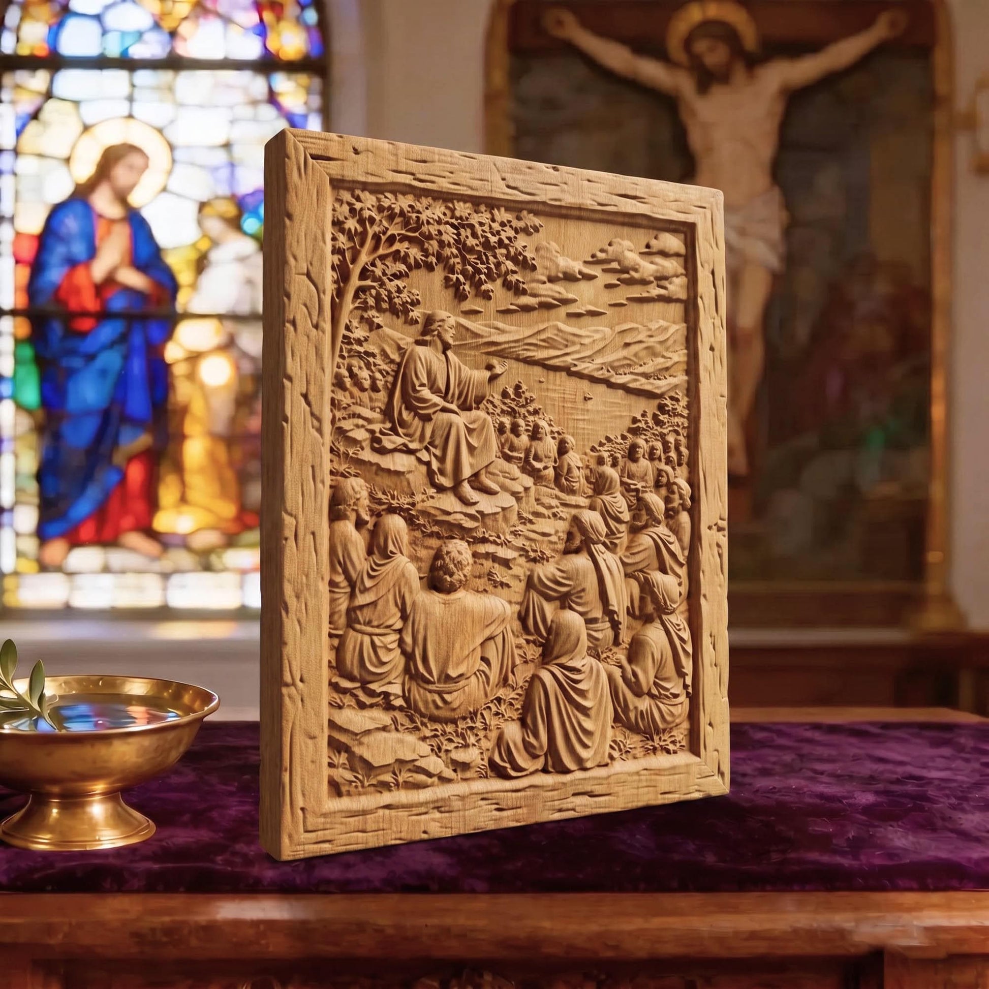 Jesus Christ Teaching the Crowds Wooden Carved Handmade Christian Icon  Byzantine Greek Orthodox Home Decor Cretan Holy Carvings