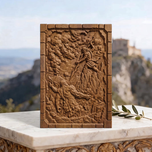 Zeus vs Lava Titan from Ancient Greek Mythology 3D Wooden Bas Relief Panel Art Sculptural Gift Idea Cretan Holy Carvings