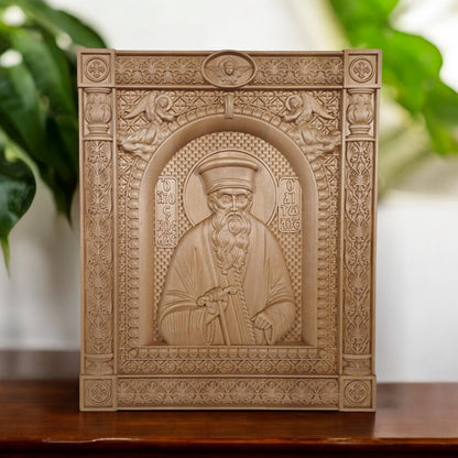 Saint Kosmas the Aetolian Wooden Carved Handmade Christian Icon. Byzantine Greek Orthodox Home Art Decor.