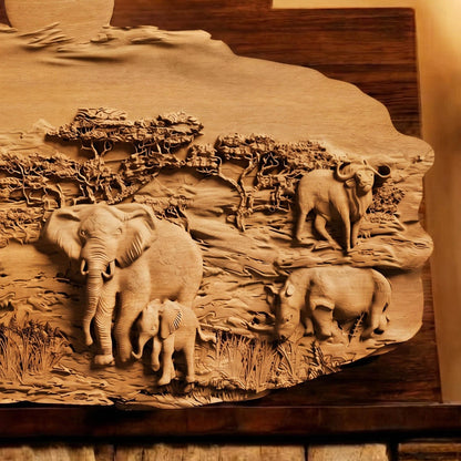 African Nature Scene Wooden Bas Relief | Wood Panel Art | Sculptural Gift Idea