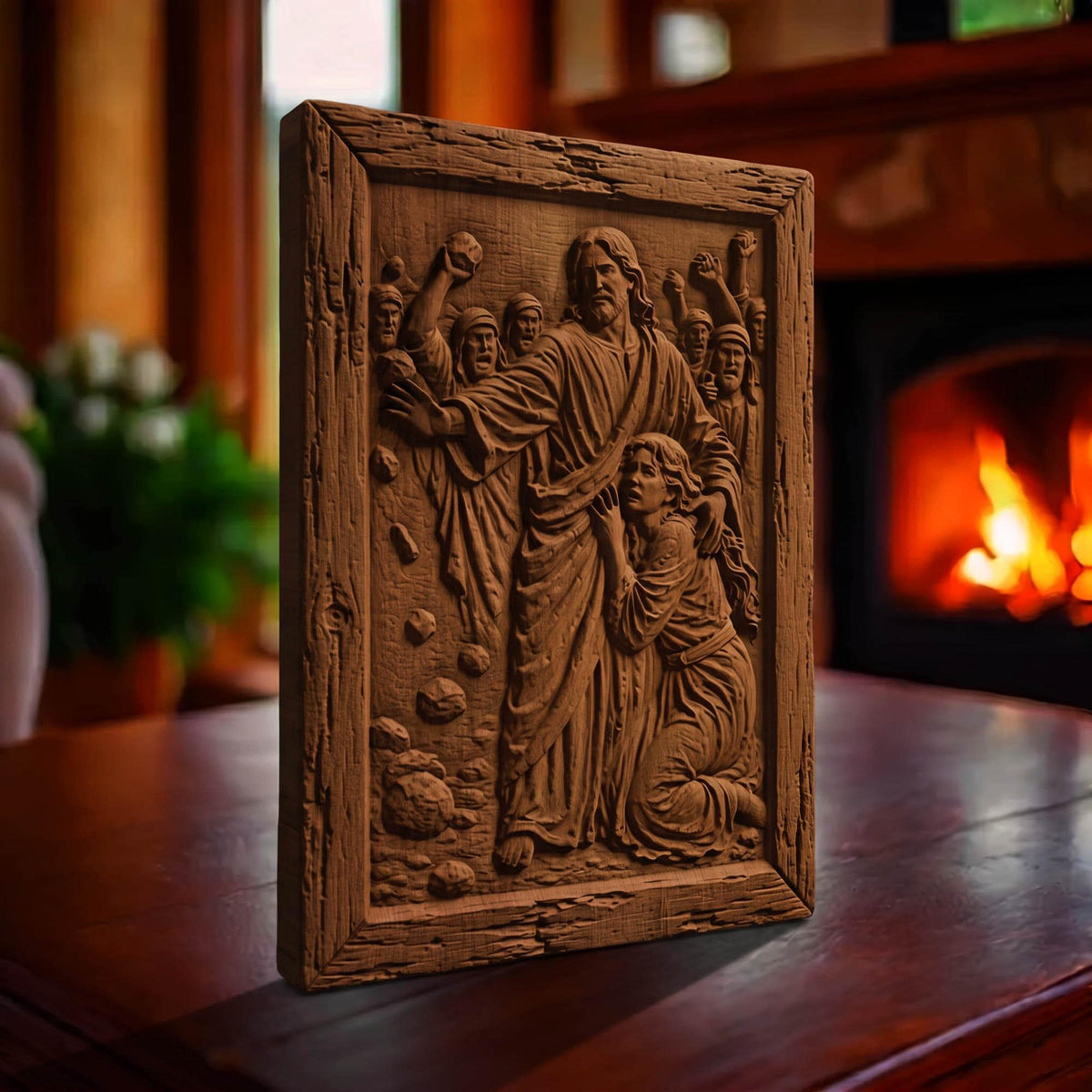 Jesus Christ Protects the Sinful Woman Wooden Carved Handmade Christian Icon  Byzantine Greek Orthodox Home Art Decor Cretan Holy Carvings