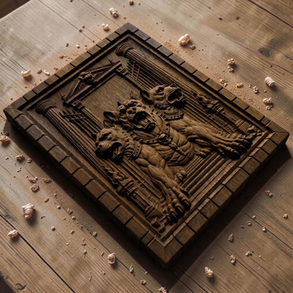 Cerberus at the Gates of Hades from Ancient Greek Mythology 3D Wooden Bas Relief Panel Art Sculptural Gift Idea Cretan Holy Carvings