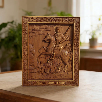 Saint Demetrius of Thessaloniki Wooden Carved Handmade Christian Icon Front Side Golden Brown Cretan Holy Carvings