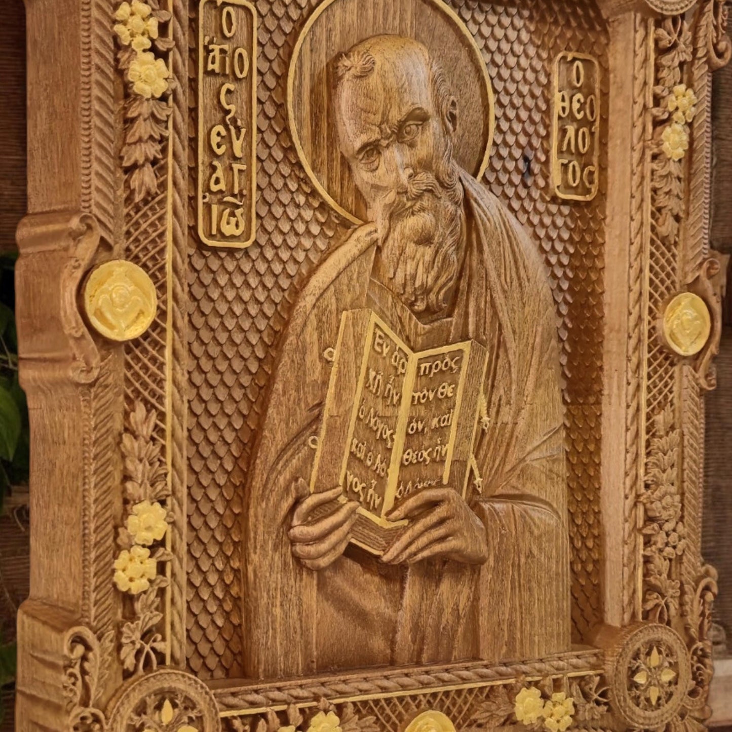 Saint John the Theologian Wooden Carved Handmade Christian Icon. Byzantine Greek Orthodox Home Art Decor.
