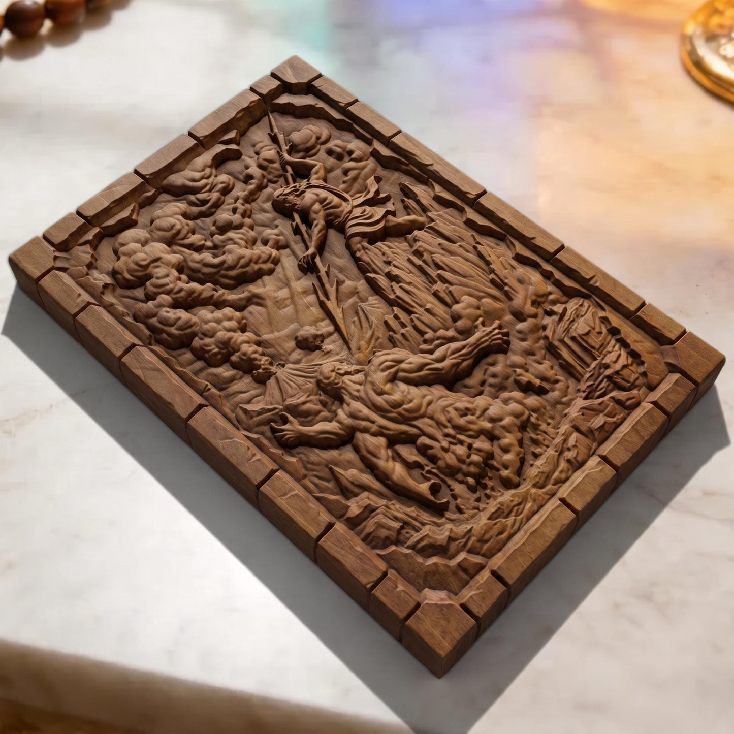 Zeus vs Lava Titan from Ancient Greek Mythology 3D Wooden Bas Relief Panel Art Sculptural Gift Idea Cretan Holy Carvings