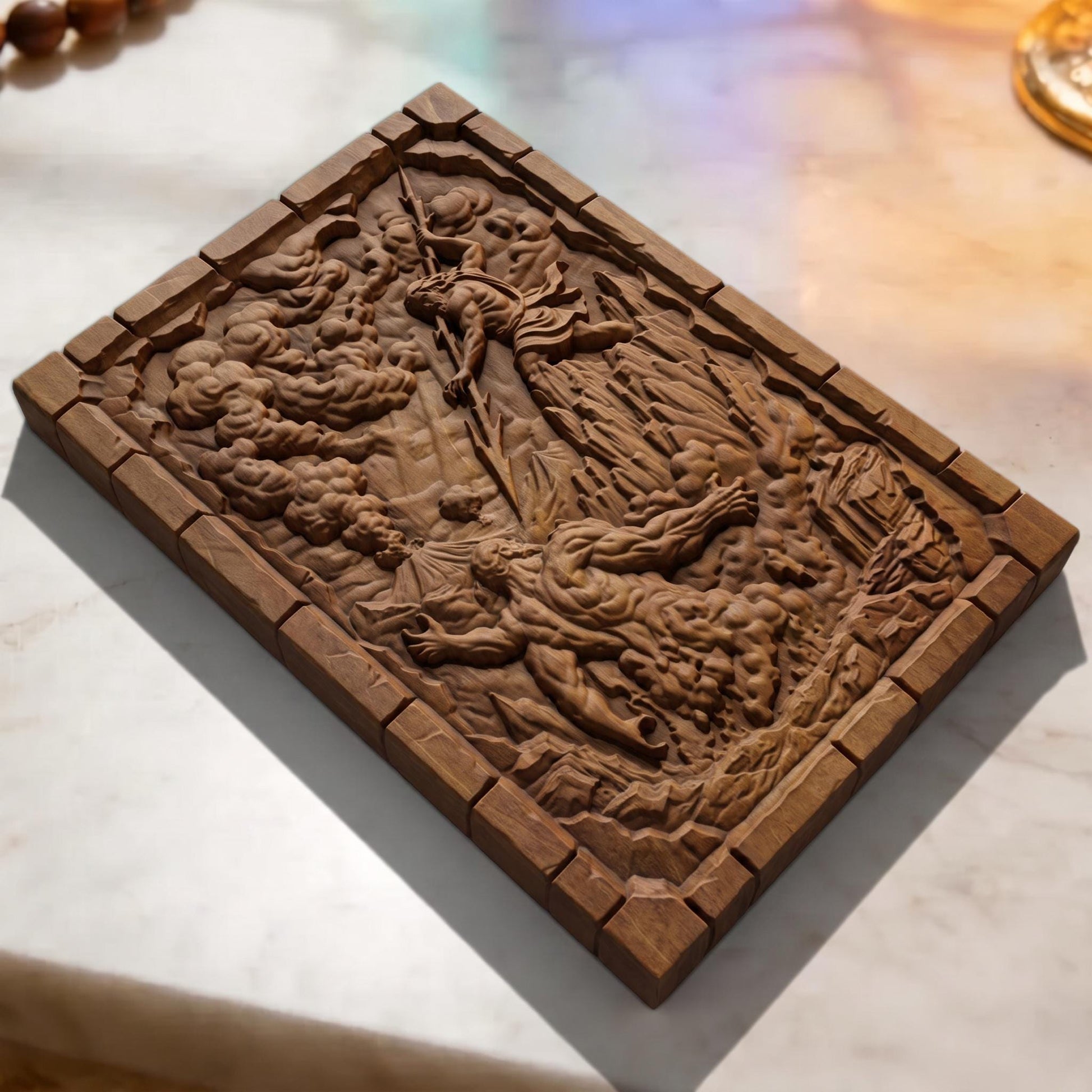 Zeus vs Lava Titan from Ancient Greek Mythology 3D Wooden Bas Relief Panel Art Sculptural Gift Idea Cretan Holy Carvings