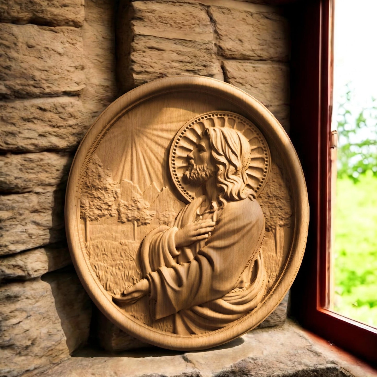 Jesus Christ Praying Plate Wooden Carved Handmade Christian Icon Front Side Natural Wood Color Cretan Holy Carvings