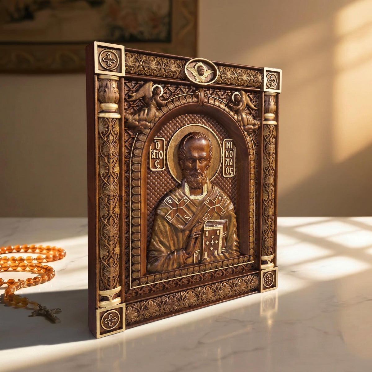 Saint Nicholas Wooden Carved Handmade Christian Icon Patron Saint of Sailors Left Side Golden Dark Cretan Holy Carvings