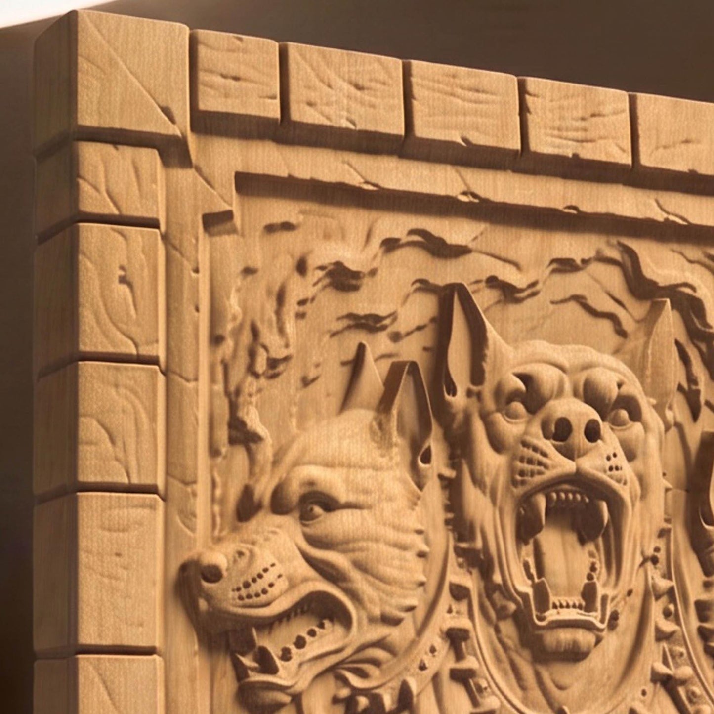 Cerberus the Three Headed Dog Ancient Greek Mythology Monster 3D Wooden Bas Relief Panel Art Sculptural Gift Idea Cretan Holy Carvings