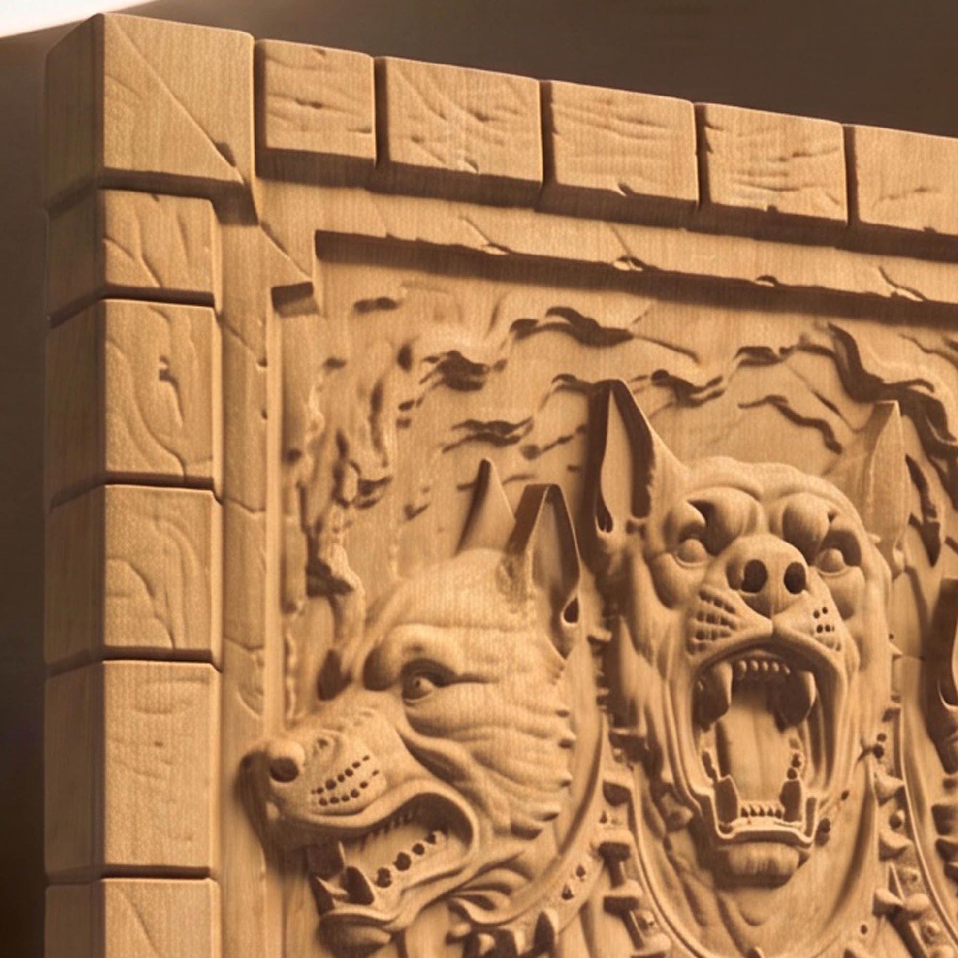 Cerberus the Three Headed Dog Ancient Greek Mythology Monster 3D Wooden Bas Relief Panel Art Sculptural Gift Idea Cretan Holy Carvings