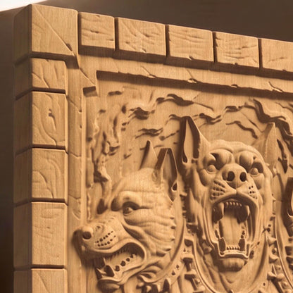 Cerberus the Three Headed Dog Ancient Greek Mythology Monster 3D Wooden Bas Relief Panel Art Sculptural Gift Idea Cretan Holy Carvings