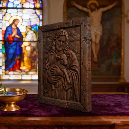 Jesus Holding Lamb Wooden Carved Handmade Christian Icon  Byzantine Greek Orthodox Home Decor Cretan Holy Carvings