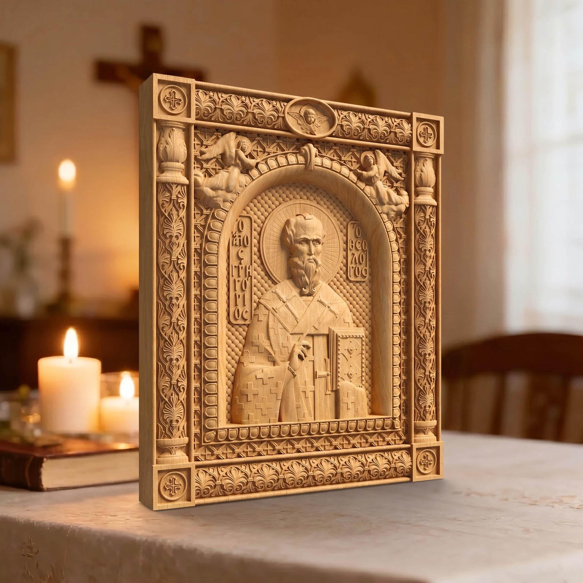 Saint Gregory the Theologian  Patron Saint of Students and Teachers Left Side Natural Wood Color Cretan Holy Carvings