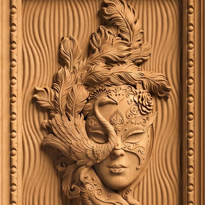 Masked Girl Wooden Bas Relief | Wood Panel Art | Sculptural Gift Idea