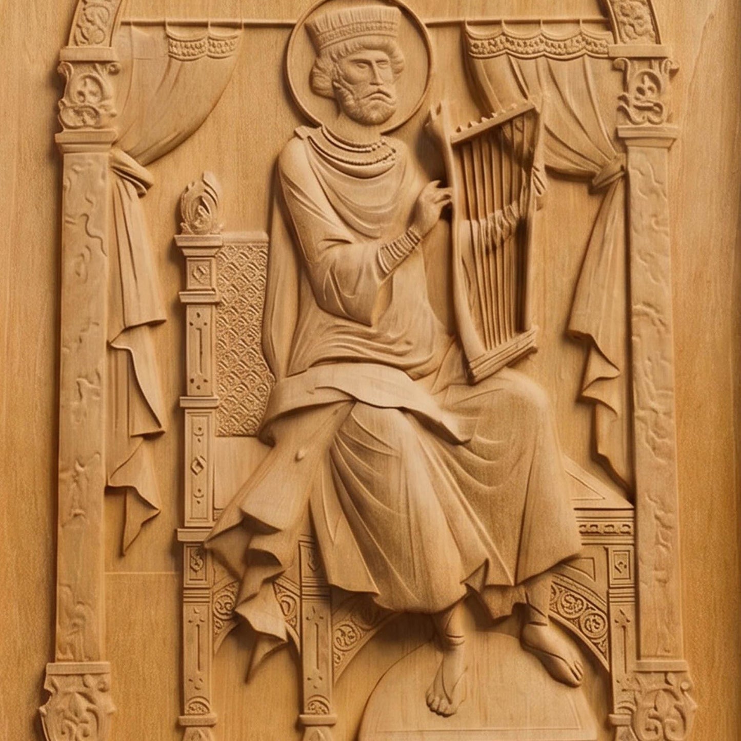 Prophet and King David Wooden Carved Handmade Christian Icon Front Side Natural Wood Color Cretan Holy Carvings