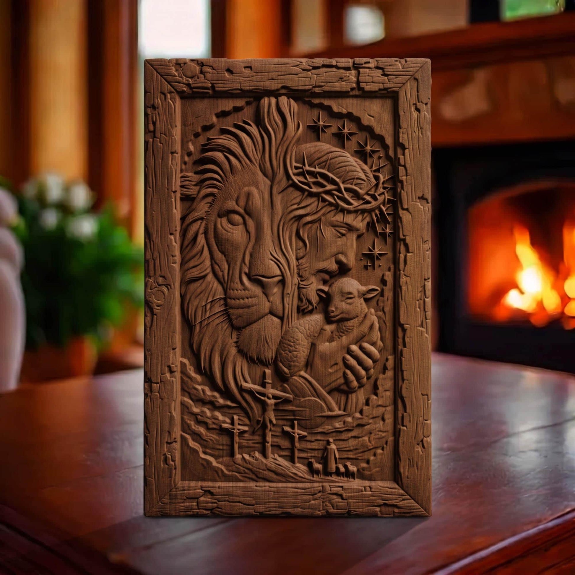 Jesus Christ the Lion Wooden Carved Handmade Christian Icon  Byzantine Greek Orthodox Home Art Decor Cretan Holy Carvings