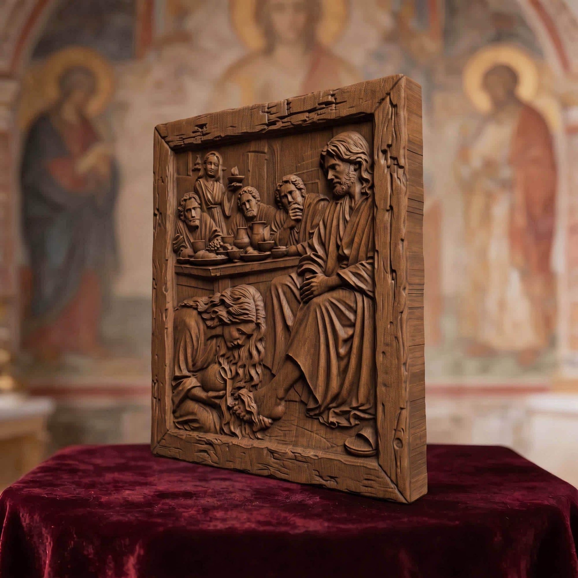 Mary Washing Jesus Christ Feet with Her Hair Wooden Carved Handmade Christian Icon  Byzantine Greek Orthodox Home Decor Cretan Holy Carvings
