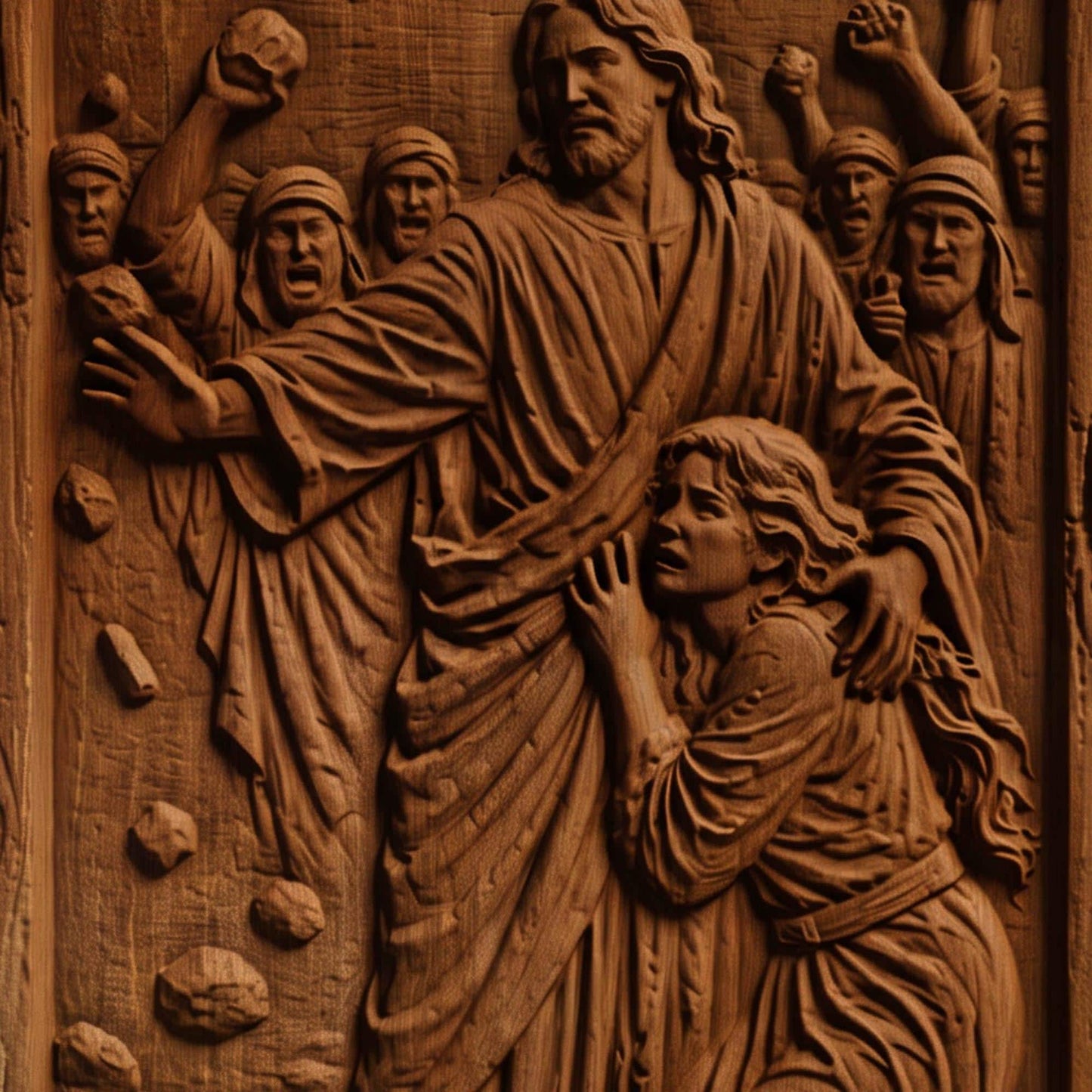 Jesus Christ Protects the Sinful Woman Wooden Carved Handmade Christian Icon  Byzantine Greek Orthodox Home Art Decor Cretan Holy Carvings