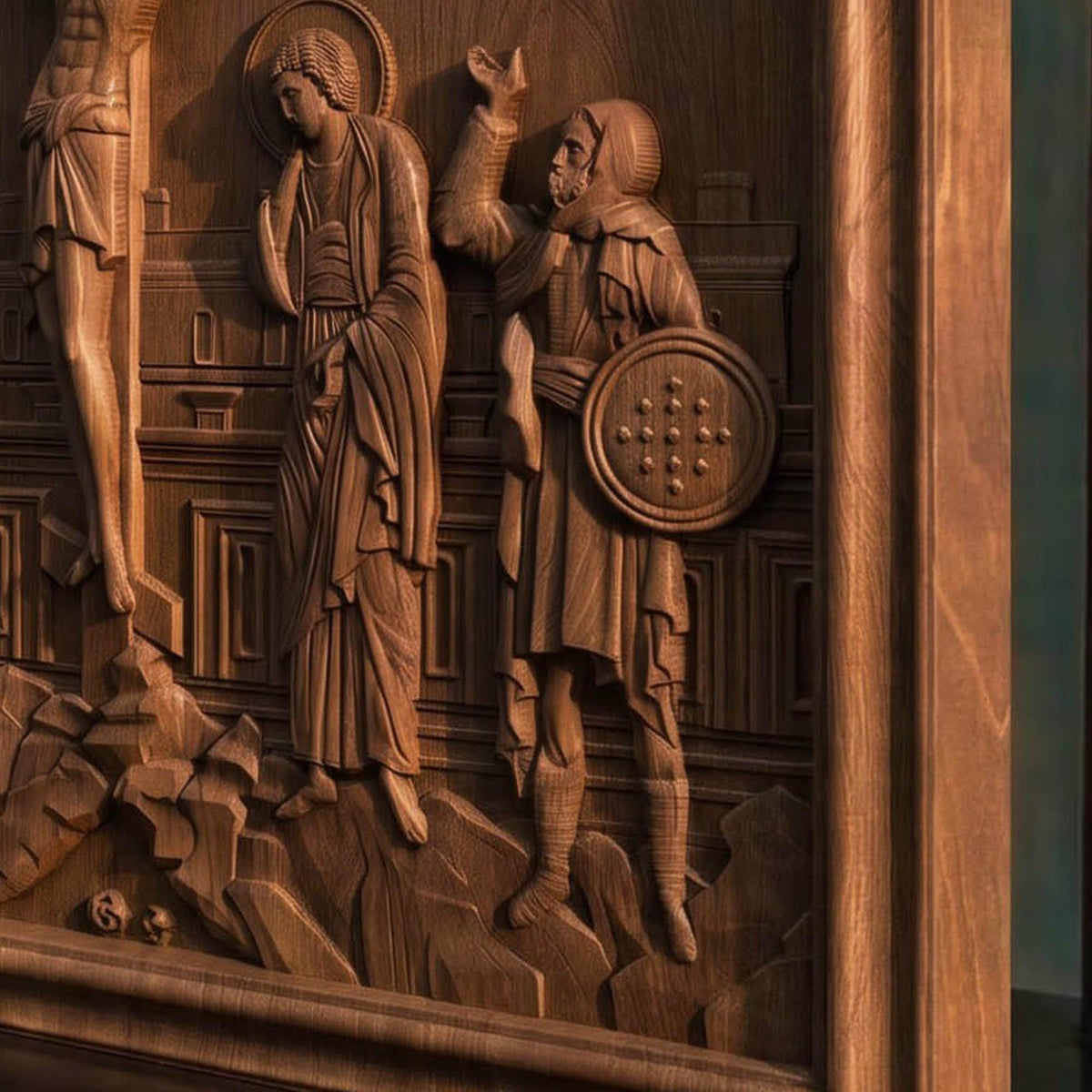 The Crucifixion of Jesus Christ Wooden Carved Handmade Christian Icon | Byzantine Greek Orthodox Home Art Decor