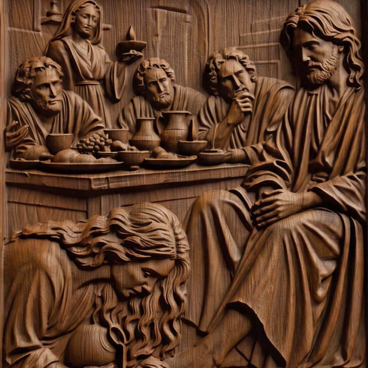 Mary Washing Jesus Christ Feet with Her Hair Wooden Carved Handmade Christian Icon  Byzantine Greek Orthodox Home Decor Cretan Holy Carvings