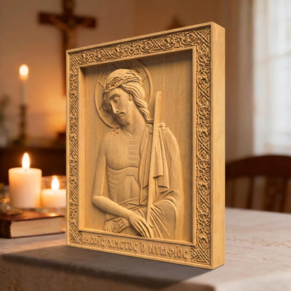 Jesus Christ Bridegroom Wooden Carved Handmade Christian Icon Right Side Natural Wood Color Cretan Holy Carvings