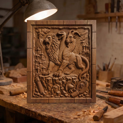 Chimera the Mythical Beast from Ancient Greek Mythology 3D Wooden Bas Relief Panel Art Sculptural Gift Idea Cretan Holy Carvings