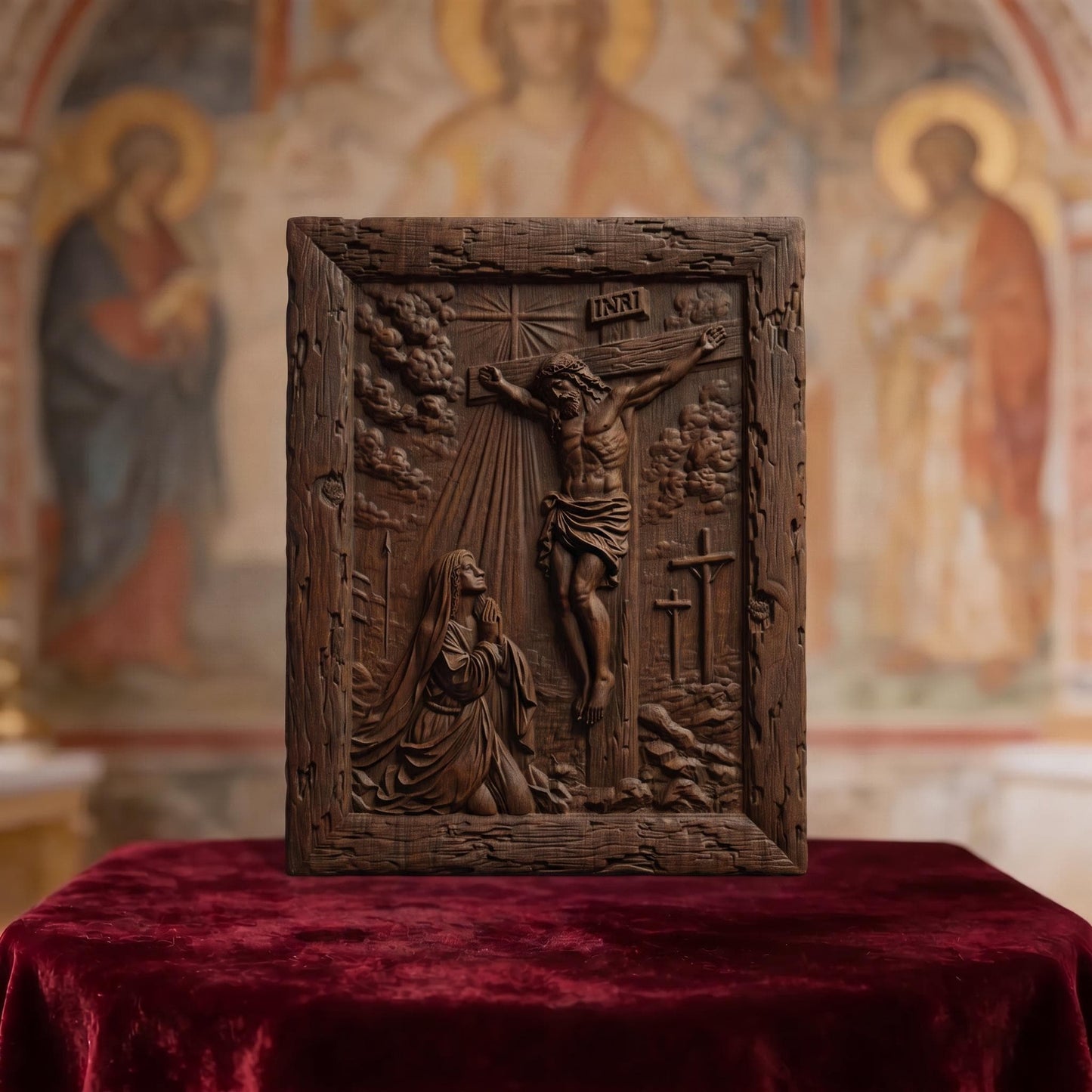 Mother Mary Under the Cross Wooden Carved Handmade Christian Icon  Byzantine Greek Orthodox Home Decor Cretan Holy Carvings