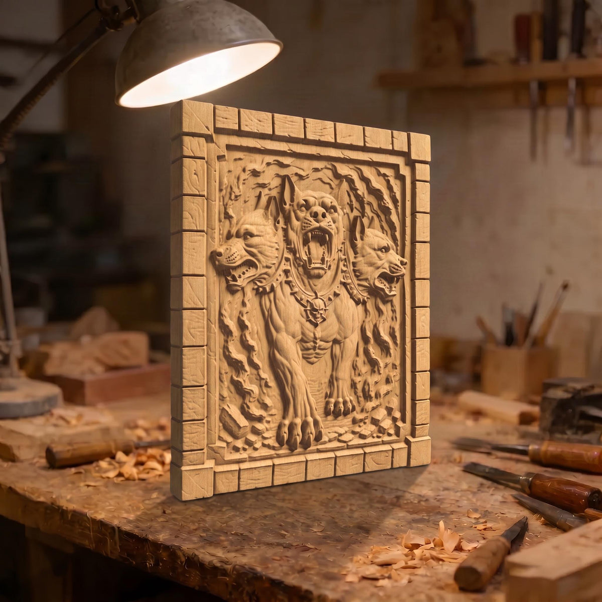 Cerberus the Three Headed Dog Ancient Greek Mythology Monster 3D Wooden Bas Relief Panel Art Sculptural Gift Idea Cretan Holy Carvings