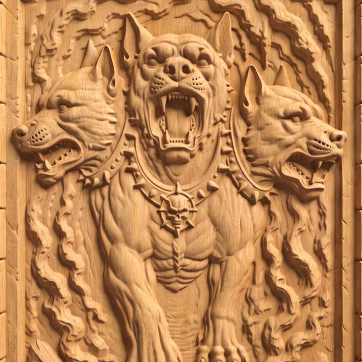 Cerberus the Three Headed Dog from Ancient Greek Mythology Wooden Carving Bas Relief | Wood Panel Art | Sculptural Gift Idea