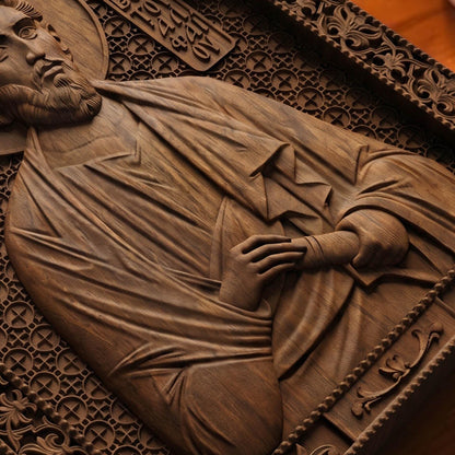 Saint James of Alphaeus the Apostle Wooden Carved Handmade Christian Icon Patron Saint of Pharmacists Flat Side Brown Oak Cretan Holy Carvings