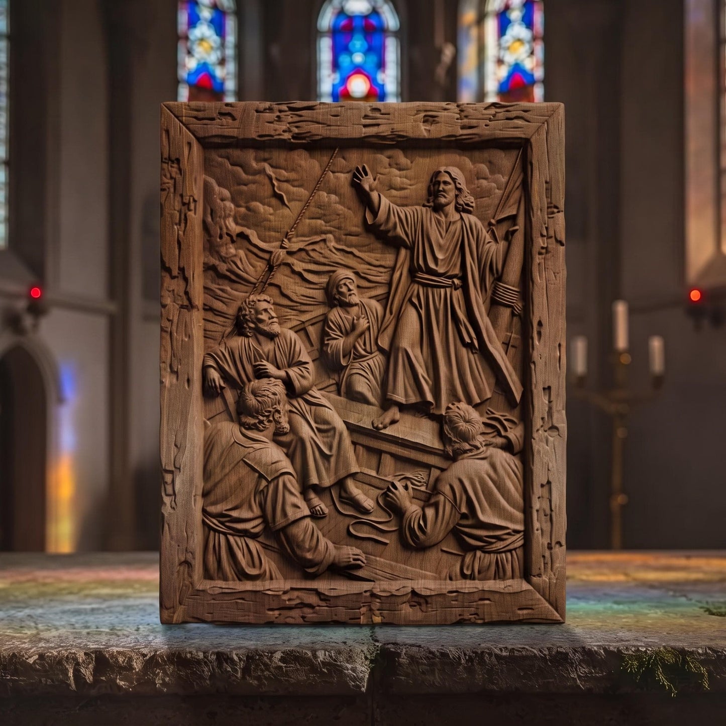 Jesus Christ Calms the Weather Wooden Carved Handmade Christian Icon  Byzantine Greek Orthodox Home Decor Cretan Holy Carvings