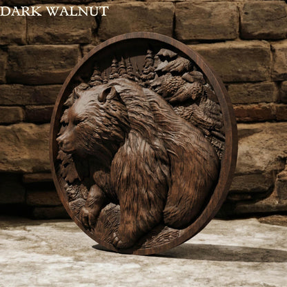 Bear in Plate Framed Bas Relief | Wooden Bear Carving | Sculptural Gift Idea