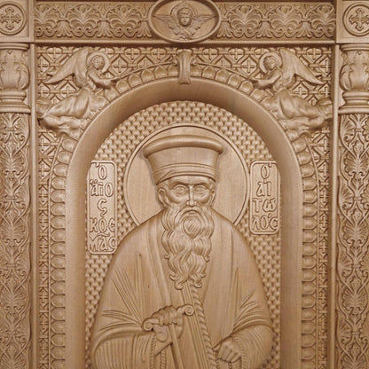 Saint Kosmas the Aetolian Wooden Carved Handmade Christian Icon. Byzantine Greek Orthodox Home Art Decor.