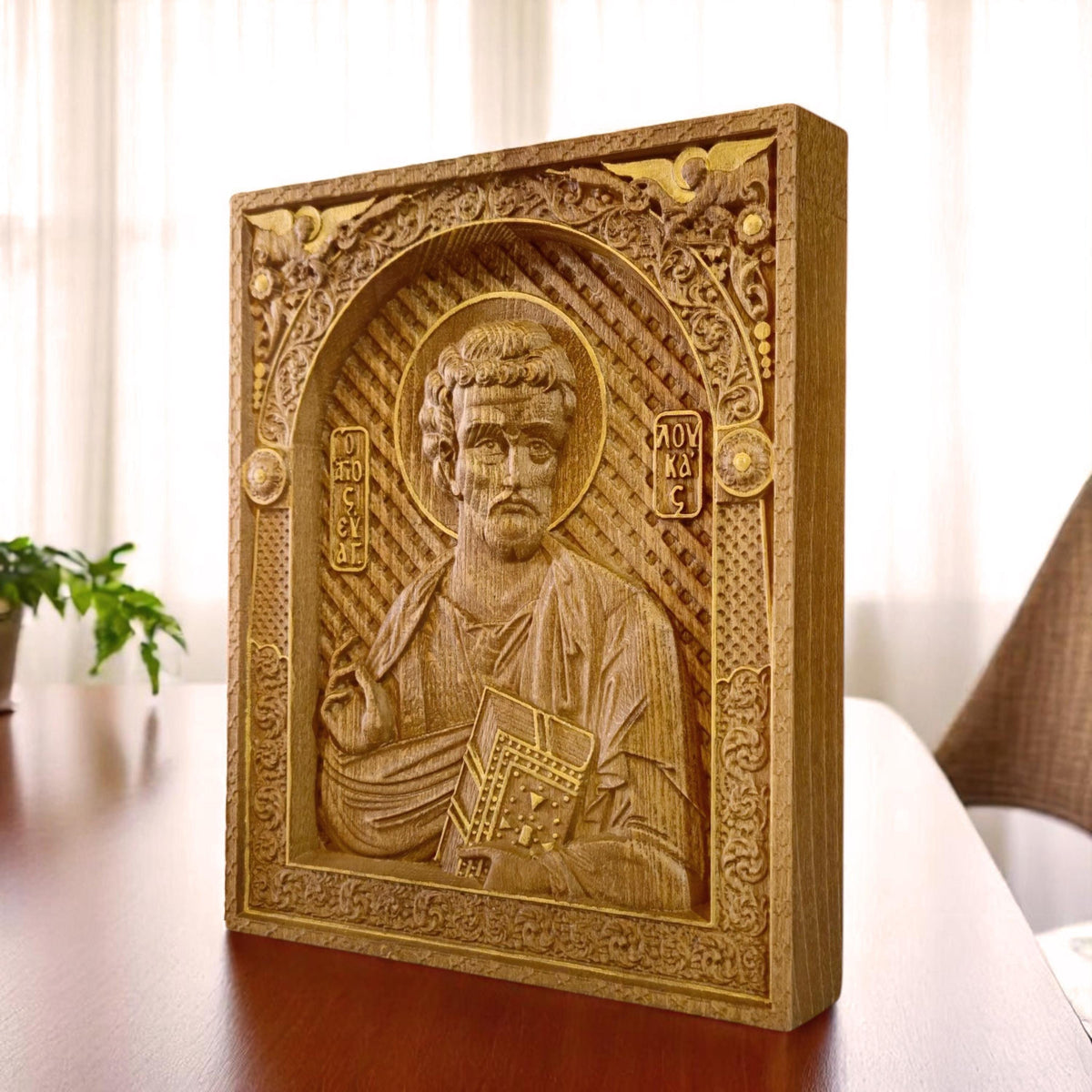 Luke the Evangelist Wooden Carved Handmade Christian Icon. Byzantine Greek Orthodox Home Art Decor.