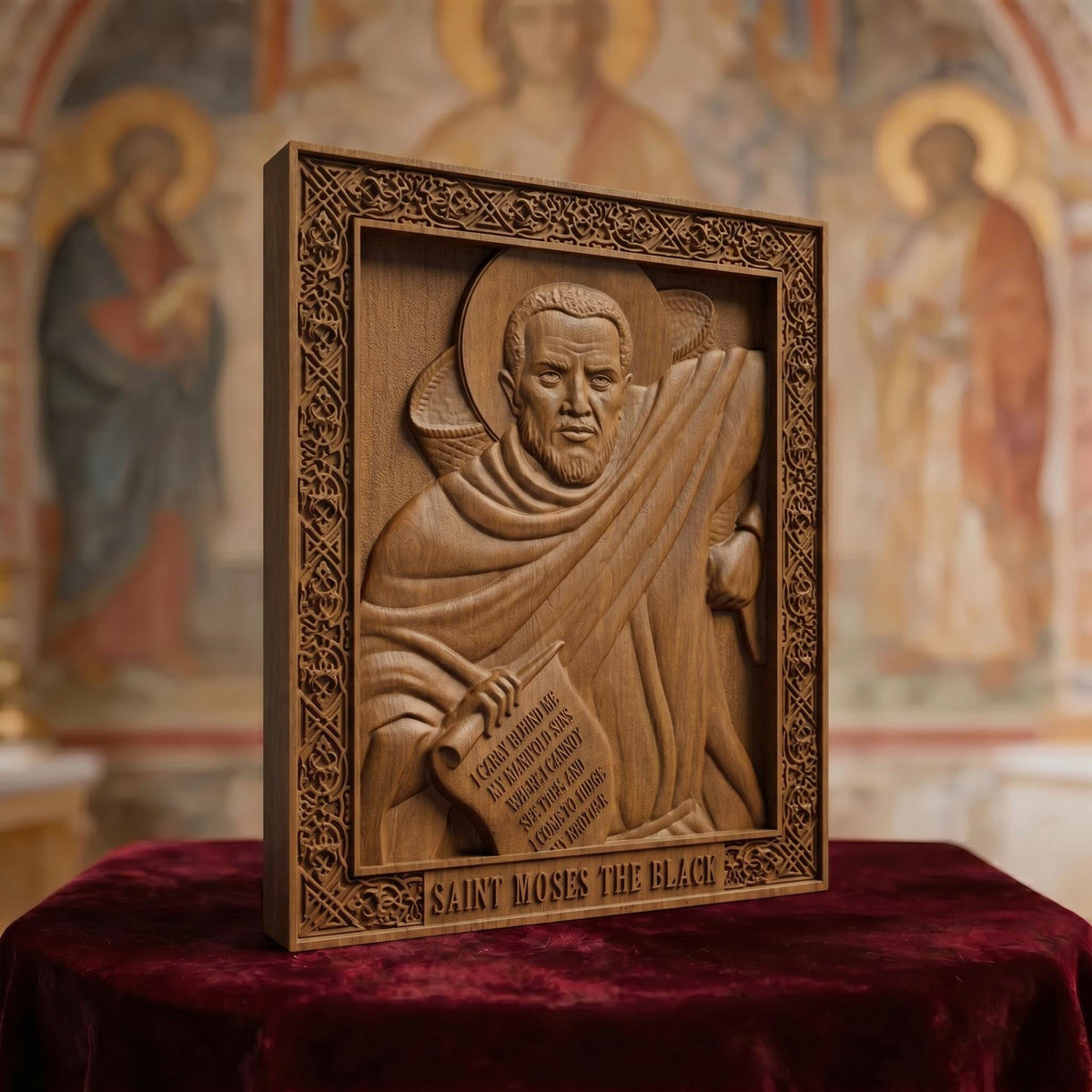 Saint Moses the Black Wooden Carved Handmade Christian Icon Patron Saint of Africa and non-violence Left Side Brown Oak Cretan Holy Carvings